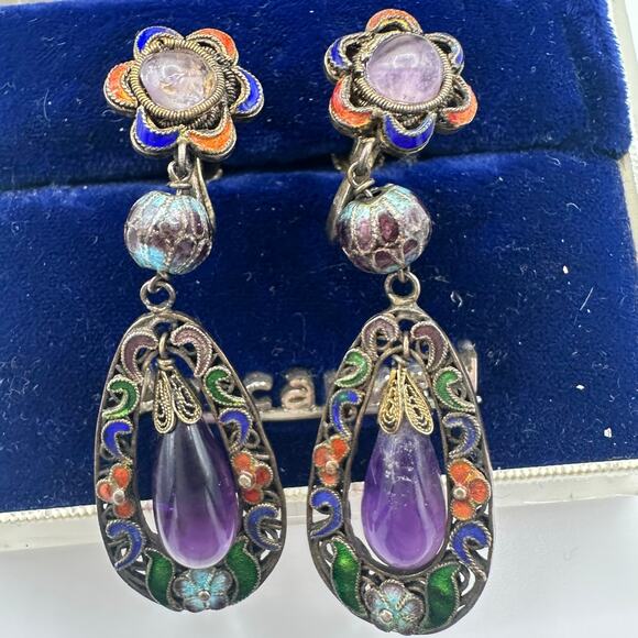 Antique Chinese silver gold plated amethyst cloisonné enamel screw back earrings - Picture 1 of 10